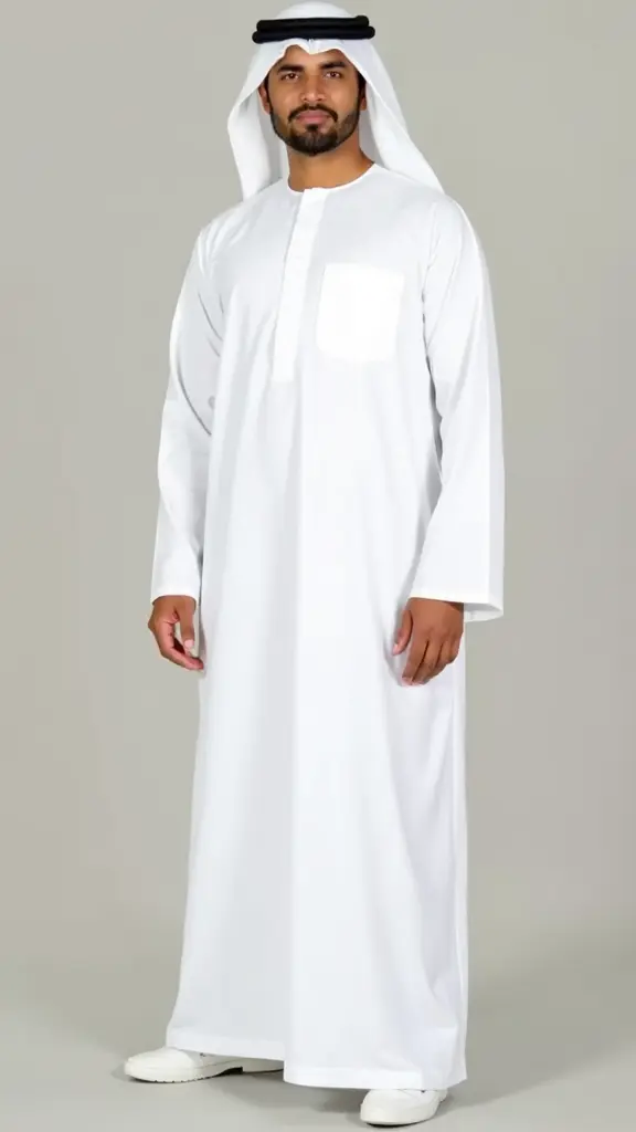 ثوب سعودي رجالي لون أبيض مه قصه الثوب السعودي بالجانبين و جيب علي الصدر و يقف بشكل مواجه للكاميرا و خلفيه لون موحد