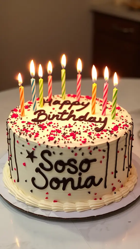 Birthday cake with Happy birthday Soso Sonia written on it and decorated with candles