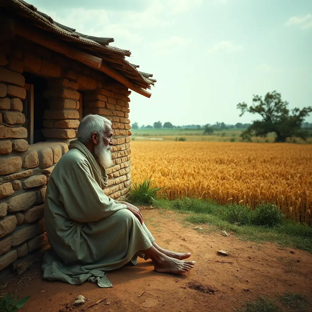 رجل عجوز يلبس ملابس قديمة حافي القدمين يجلس على الأرض أمام منزله القديم المبنى بالطوب اللبن وينظر إلى حقل القمح الواسع جدا