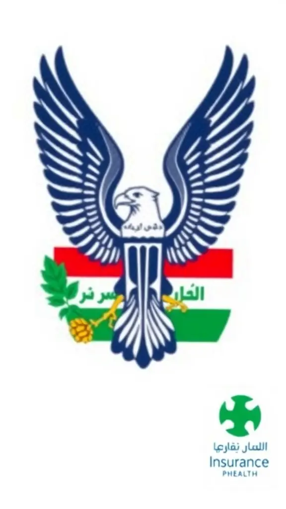شعار النسر الجمهوري يلتف عليه شعار وزارة الصحة العراقية وشعار الضمان الصحي العراقي في ارض خضراء