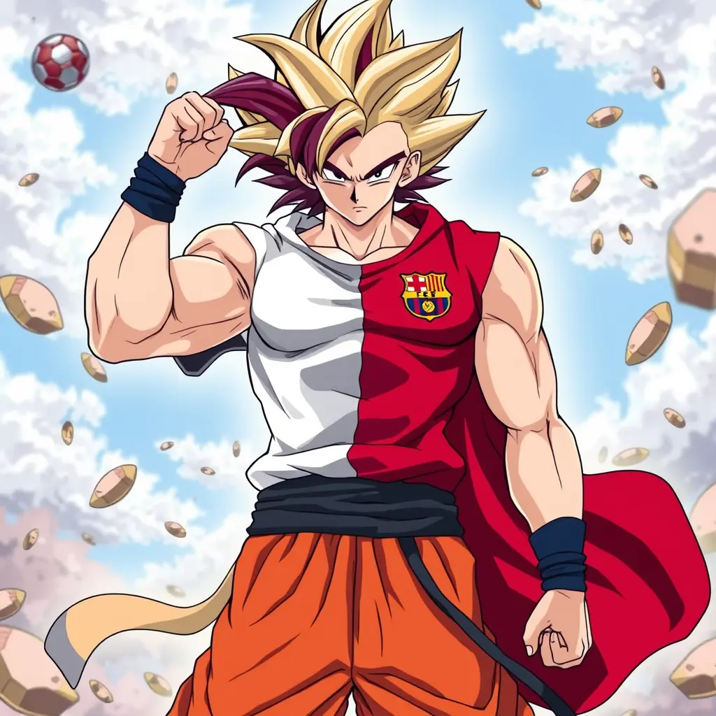 صورة بطل انمي دراغونبول جوجو لابس نصف ثياب برشلونة ونصف ثياب ريال مدريد وهو في الغريزة الفائقة