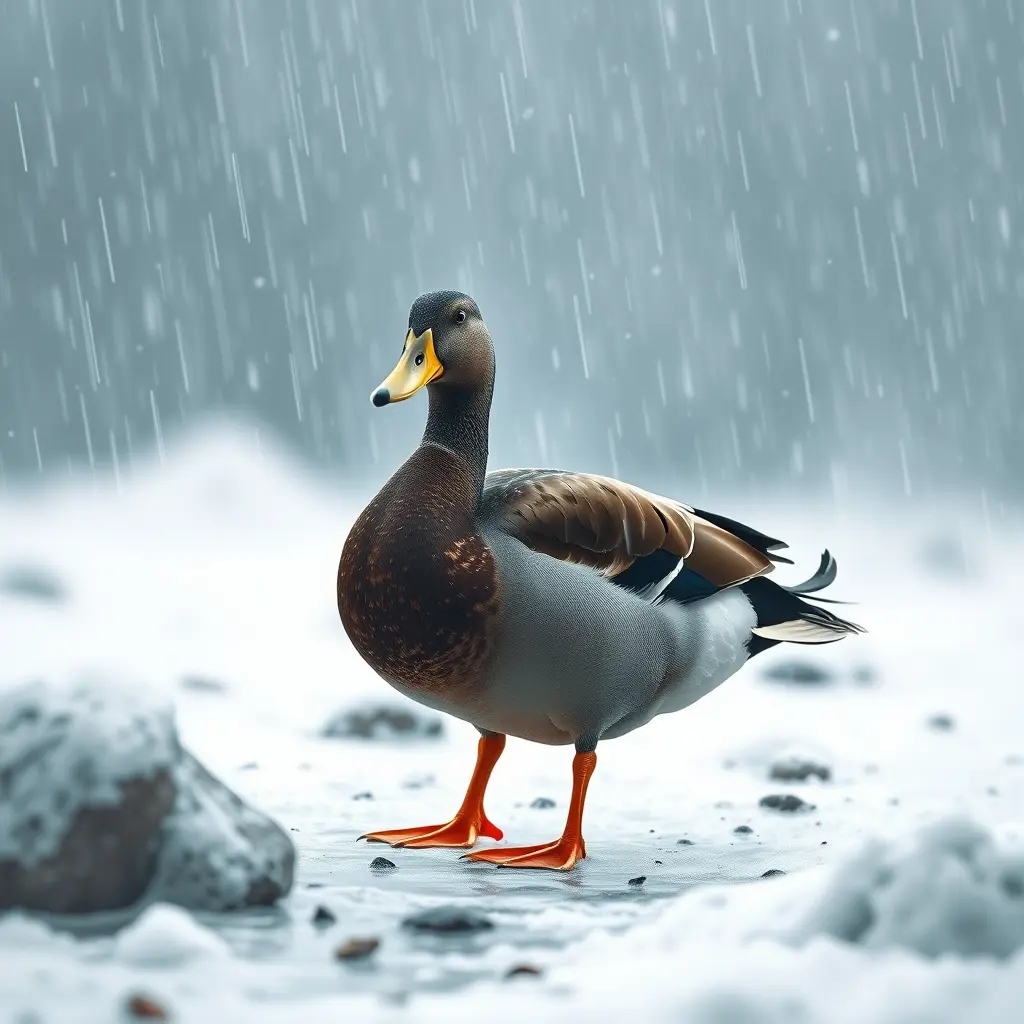 البطة تقف لوحدها تحت المطر والثلج يتساقط، تبان بردانة وجائعة، بس مصممة تستمر 💪❄️