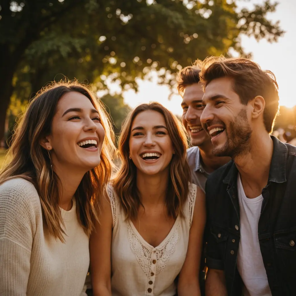 مجموعة أصدقاء مختلفين يضحكون تحت ضوء الغروب الذهبي، تصوير بفتحة عدسة واسعة وعمق ضحل، في حديقة بالمدينة