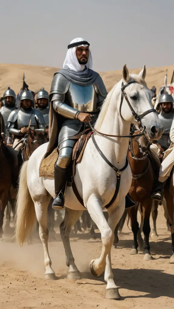 فارس عربي على حصان يظهره من ظهره وامامه جيش