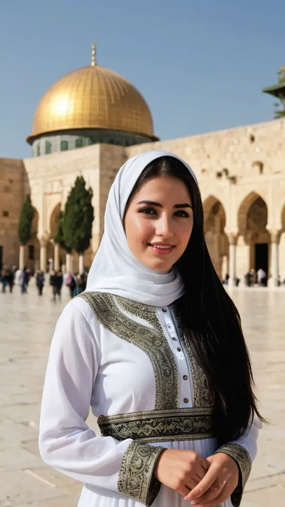 امراه جميله وشابه بلباس عربي مسلمة أمام المسجد الأقصى