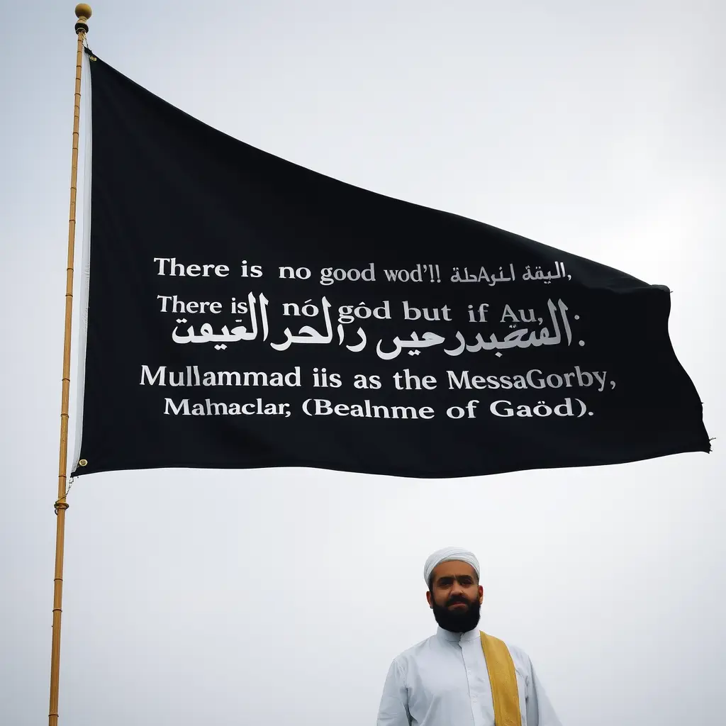 راية التوحيد السوداء مكتوب عليها باللغة العربية لا اله الا الله محمد رسول الله،وفي اسفلها من اليمين عبد الرحمن بن سامر ومن اليسار ابا يزن