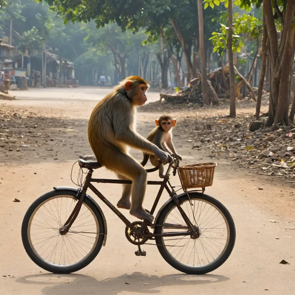 قرد يركب دراجة هوائية داهب عند حبيبته القردة