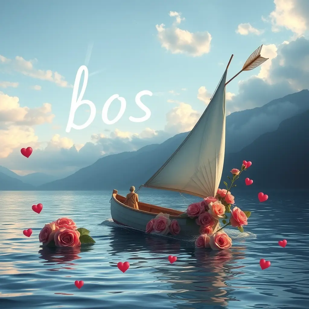 مركب   فى بحر ويخرج منه شراع  وسهم يطير مكتوب على السماء bosbos  وحول الاسم قلوب وورود وقلوب وجوم كثيره