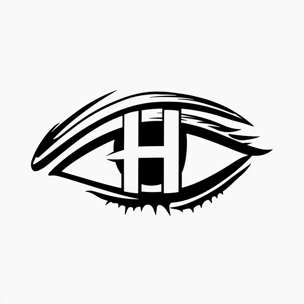 تصميم شعار على شكل eyeliner للعين يندمج معها حرف H