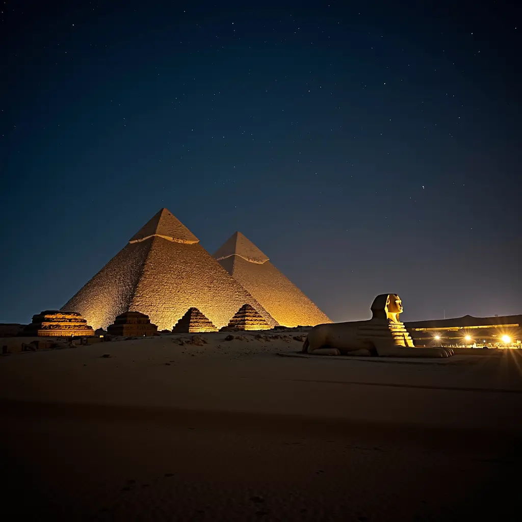 صوره اهرامات وابو الهول تحت أضاء الكشافات ليلا