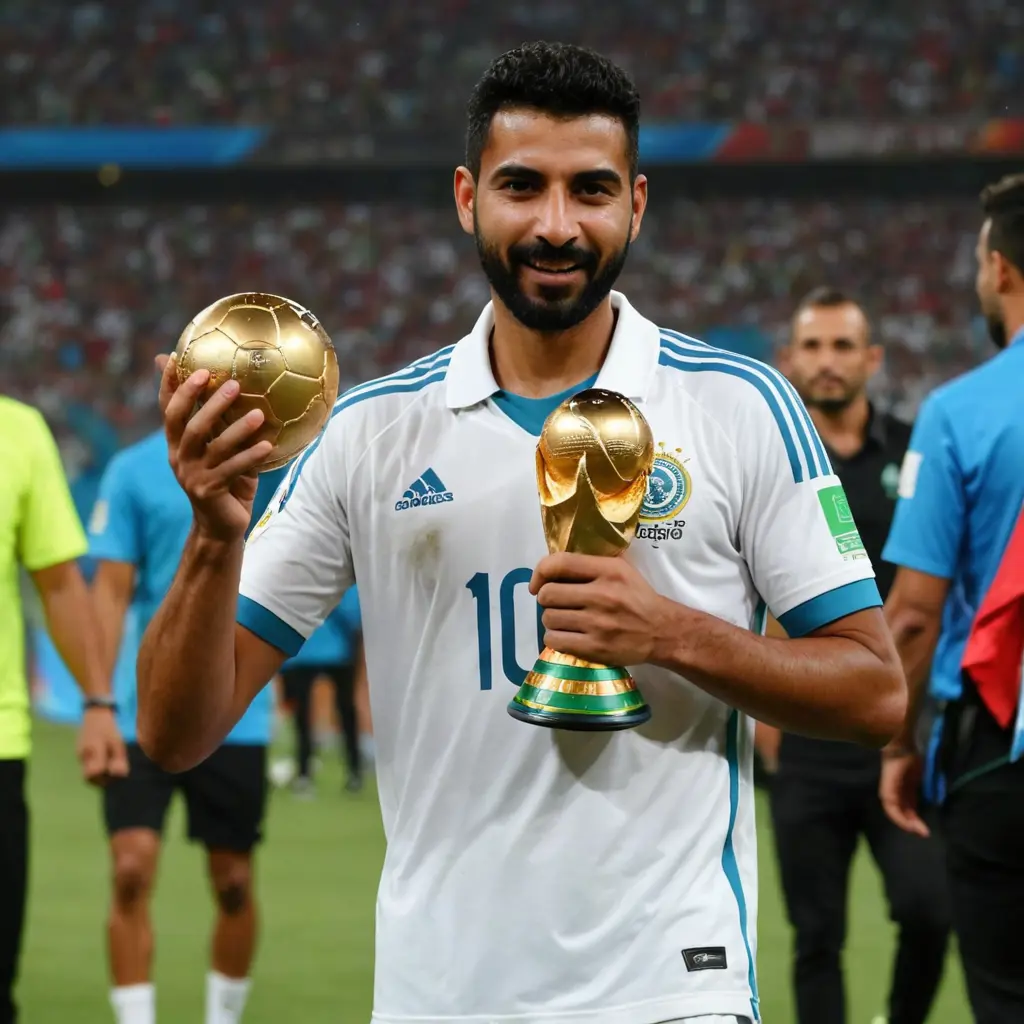 ايمن حسين مجروح في يده ويحمل كأس العالم