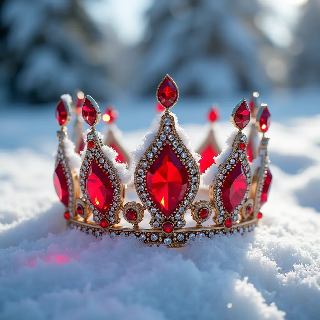 صورة تيجان ملكات عليهم جوهرة الكريستال الحمراء موضوعين في جبل من الثلج الأحمر