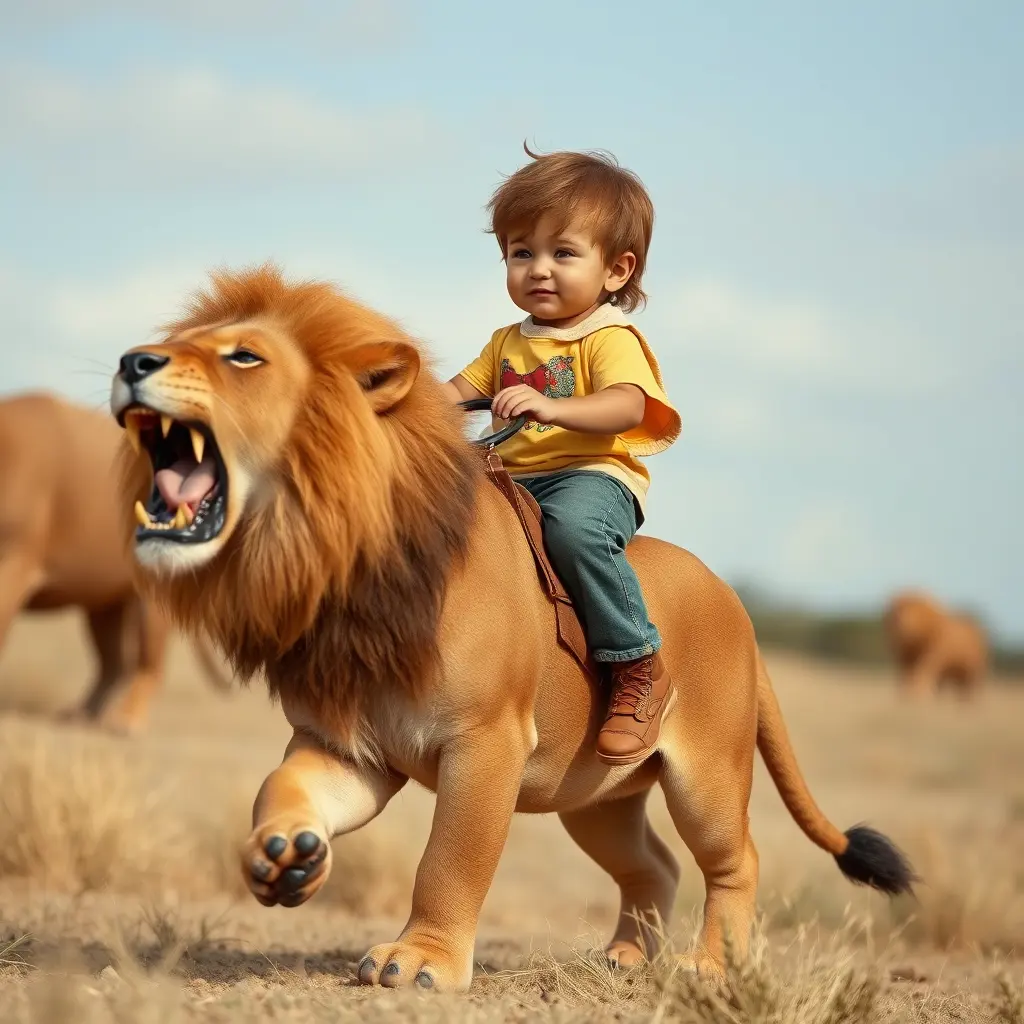 طفل صغير يركب اسد