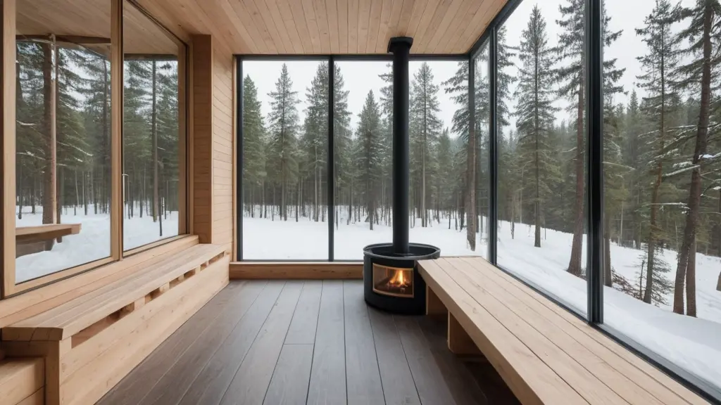 Minimalist Scandinavian sauna with pale ash wood benches, glass walls, modern wood-burning stove, and views of a snow-covered pine forest