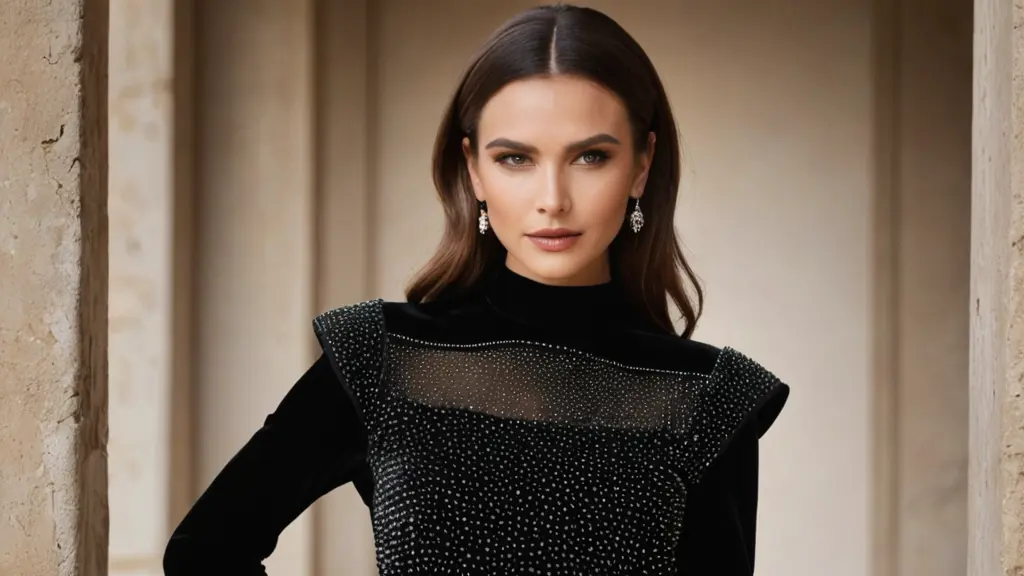 بلوزة مخمل تصلح للسهره مرصعة بالماس وتحوي على أكمام من التول