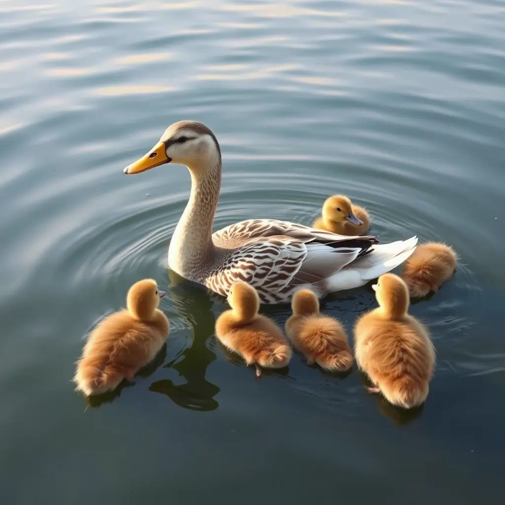 بطة في المية مع اولادها السبع