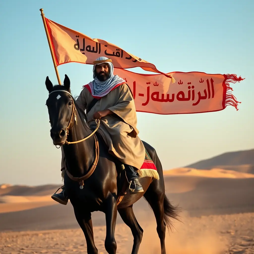 رجل بدوي يركب حصان اسود في الصحراء يحمل رايه مكتوب فيها عبارة "الجوازية"