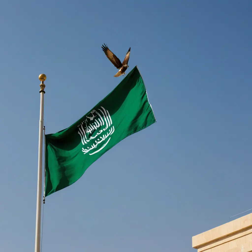 صقر يطير فوق علم السعوديه