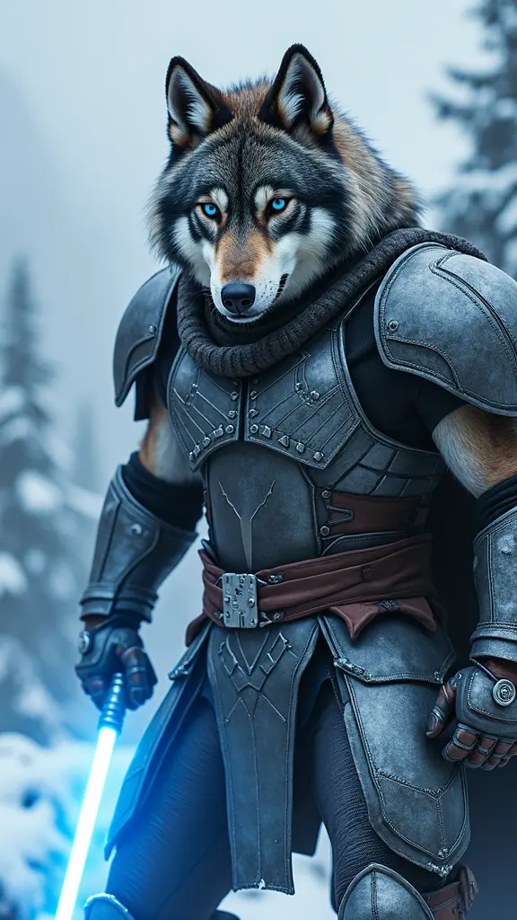 الذئب المحارب: ذئب قوي يرتدي درعًا معدنيًا مع خطوط حادة ولامعة. عيونه تعكس التحدي والجرأة، ويحمل سيفًا مضيئًا بألوان زرقاء نيونية. خلفه مشهد جبلي في الشتاء المليء بالثلوج.