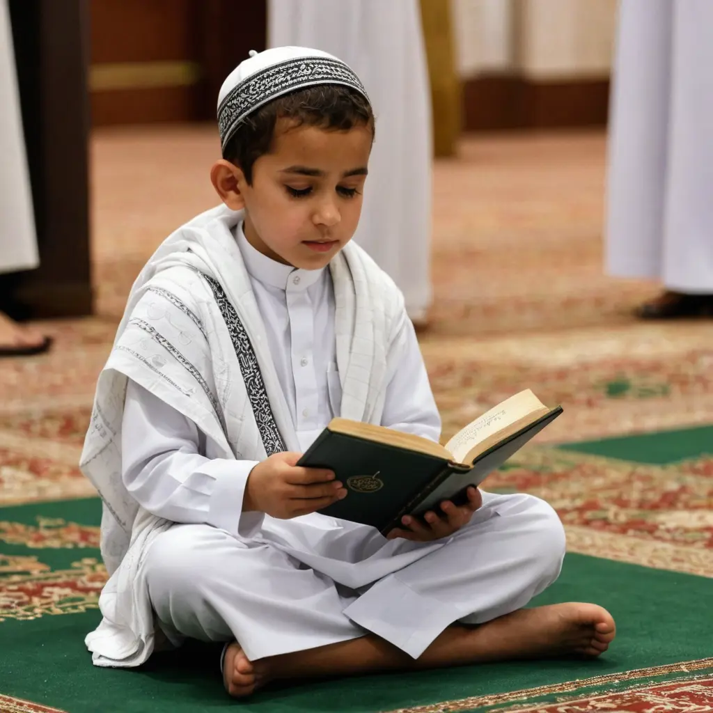 طفل يرتدي شماغ ابيض يجلس يقرأ القرآن في الروضة الشريفة في المسجد النبوي