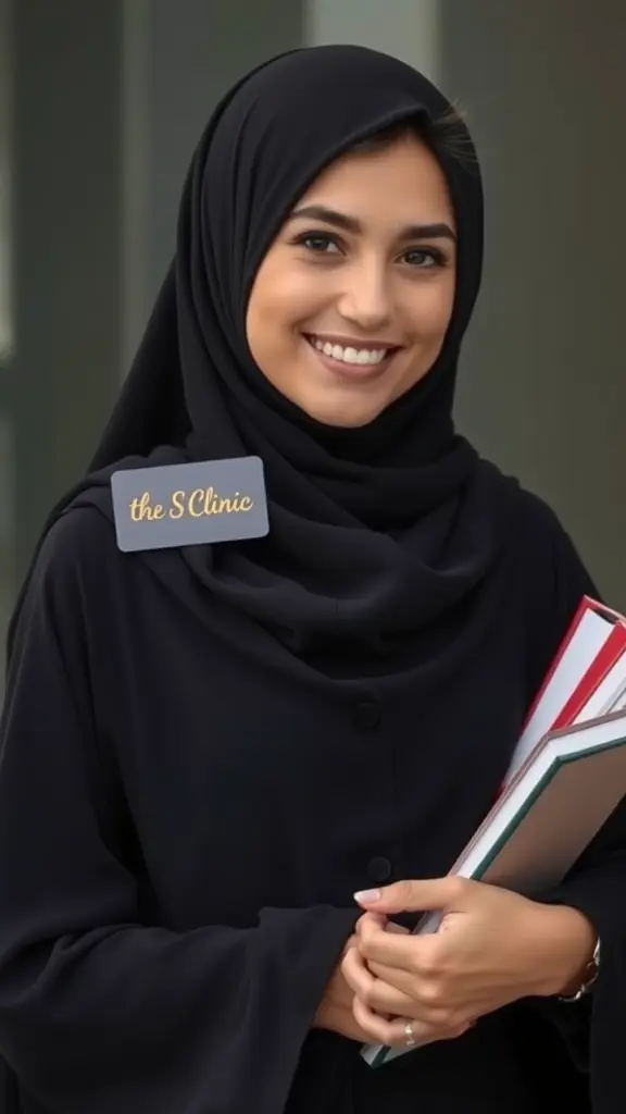فتاة خليجية ترتدي عباءة سوداء . وحجاب اسود يخرج منه قليل من الشعر . تحمل كتب بيدها اليمنى , وتمسك بيدها اليسرى بطاقة مكتوب عليها ( the s clinic ) باللون الذهبي , لديها ابتسامة جميلة , ملامحها اجنبية اوروبية