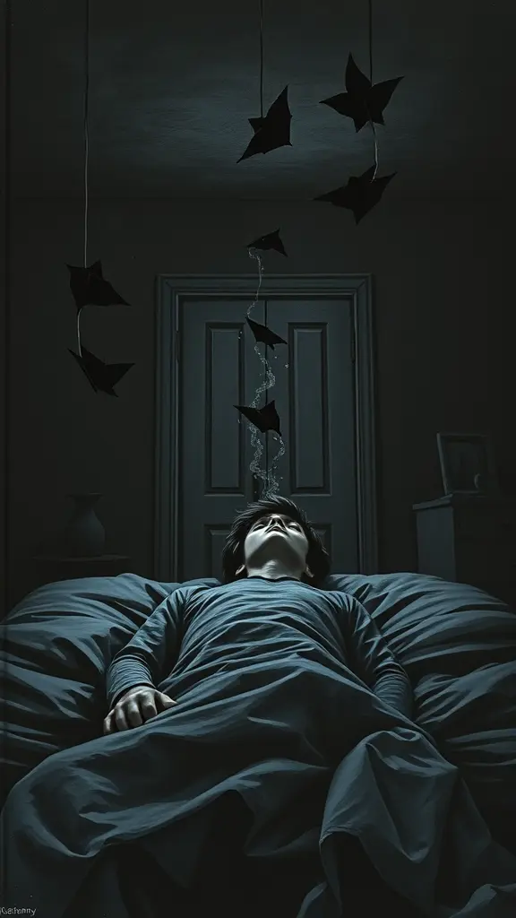 غلاف كتاب درامي حزين. يظهر شاب مستلقي على السرير في غرفة مظلمة، ينظر إلى السقف بعيون شاردة. من زوايا السقف تتساقط أشكال سوداء كأنها ذكريات مظلمة تتجمع حوله. في منتصف الغرفة تظهر ذكريات مبعثرة على هيئة ظلال أو دخان خفيف. باب الغرفة مغلق في الخلفية، مع إضاءة خافتة من نافذة صغيرة تعطي لمسة كئيبة وهادئة للمشهد. الألوان داكنة يغلب عليها الأسود والرمادي مع لمسات بسيطة من الأزرق الداكن.