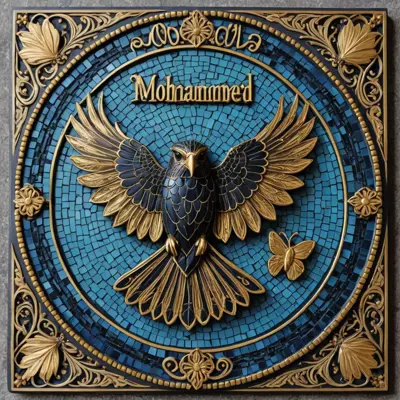 لوحه صقر مسحور محفور عليها اسم Mohammed . بأسلوب خيالي باللون الأسود والذهبي .مع فراشة جميلة مسحورة .ايحاء فسيفساء