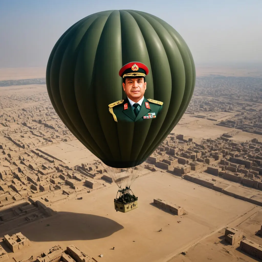 Abdel Fattah Al-Sisi in military uniform, inflated like a huge balloon and flying high in the air and on the ground far away from the pyramids.