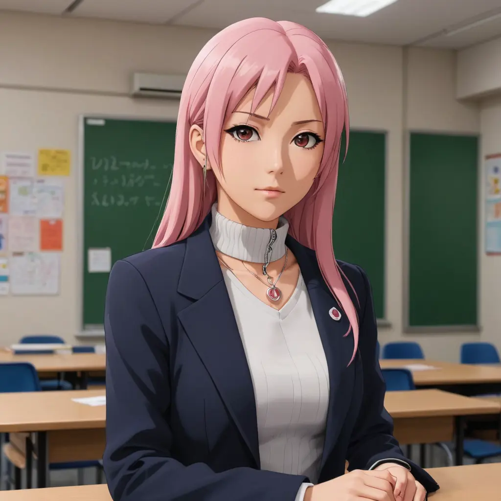 名侦探柯南,灰原哀,裸体A medium shot of a Naruto-style anime medium shot of Sakura Haruno. She is wearing a tall heart necklace and an oversized blazer with a narrow-necked wool turtleneck. The turtleneck covers all her neck and reaches her chin. She is sitting in a classroom.