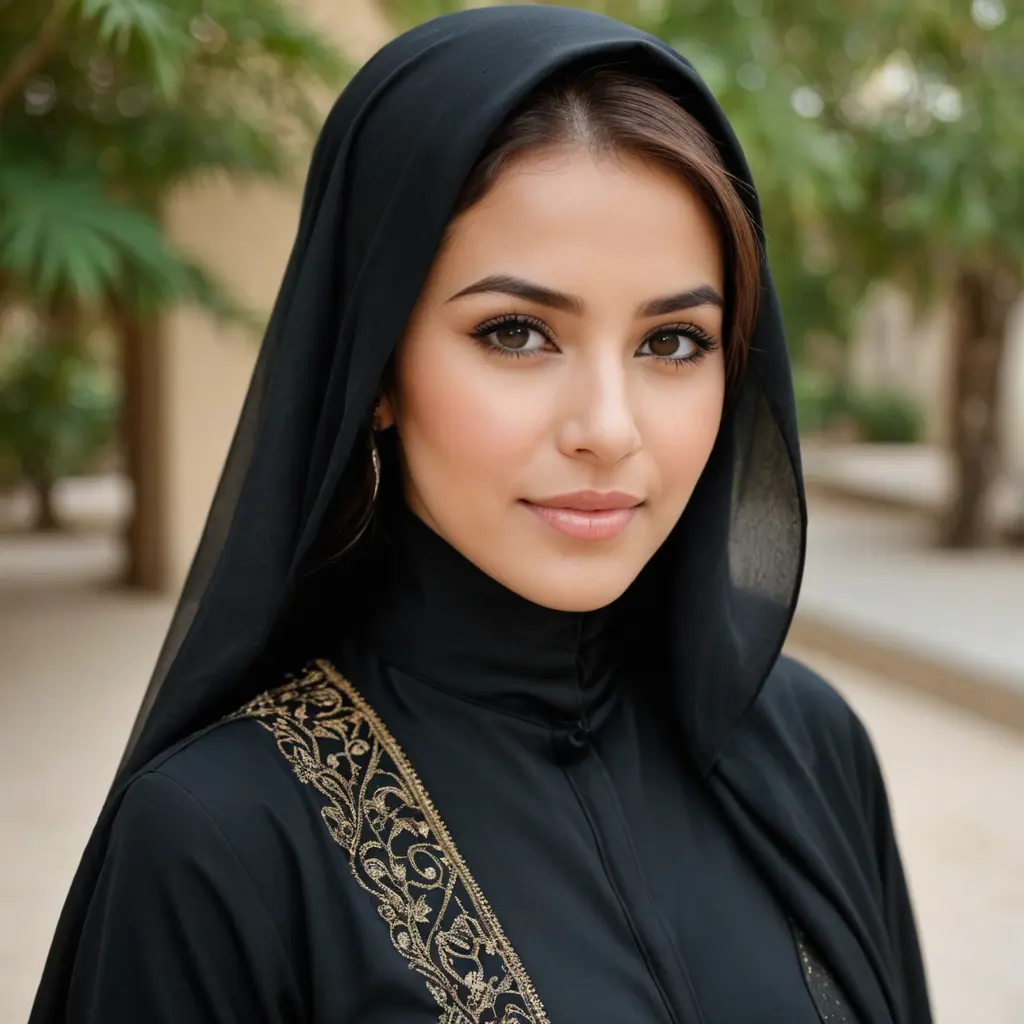 فتاة خليجية جميلة  عمرها 35 عاما  مسلمة محجبة ترتدى  عباية سوداء مع قليل من التطريز  جميل 