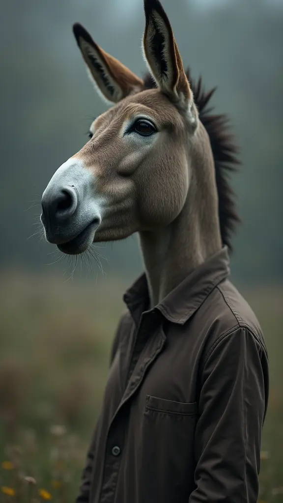 إنسان برأس حمار حزين والدموع تنهمر على خديه والصورة كلها حزن وهو واقف منتصب القامة