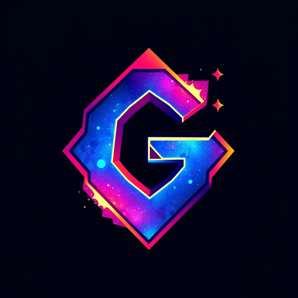 شعار جميل لشركة ألعاب، حرف G مع تأثيرات مجرة، بأسلوب فني حيوي يشبه ألعاب البكسل