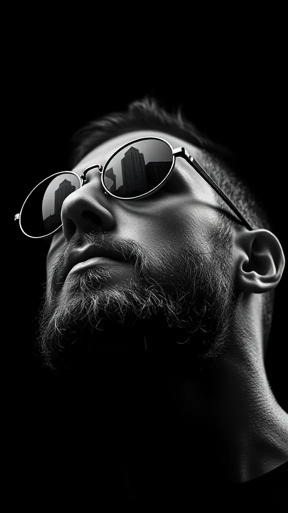 Dramatic, ultra-realistic close-up
in black and white with high-contrast cinematic lighting from the side, highlighting the contours of his face and beard, casting deep shadows. He wears round, reflective sunglasses. He gazes confidently upward into a dark void. The sunglasses reflect a city's towering skyline. The atmosphere is mysterious with a minimalist black background. Details in 4K. Keep the subject's exact facial structure, hair texture, the original photo.
