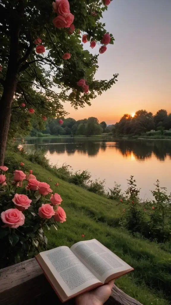 عايز صوره منظر طبيعي وفي شجر وميه وورد والشمس ساعه الغروب وواحد قاعد بيقرا كتاب وعايز منظر طبيعي جميل