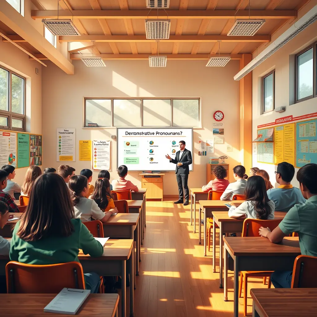 قاعة دراسية، يجلس فيها الطلاب في صفوف، ويقف المعلم في المقدمة، يشرح الضمائر الإشارية باستخدام وسائل بصرية كالشرائح أو الملصقات على سبورة تفاعلية. تغمر أشعة الشمس الطبيعية القاعة من خلال نوافذ كبيرة، مما يُضفي ظلالاً دافئة على المكاتب الخشبية. الجدران مزينة برسومات بيانية ملونة ومفردات متعلقة بدروس القواعد. يتميز المشهد بأجواء نابضة بالحياة وجذابة، تجذب انتباه الطلاب أثناء تعلمهم وتدوين ملاحظاتهم. صُمم على طراز ملصق تعليمي عصري، مع التركيز على الوضوح والتفاصيل.