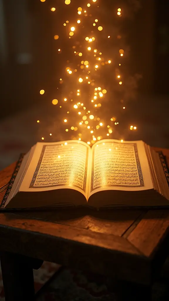 كتاب القران الكريم يضهر مفتوح كامل و تظهر الحروف لامعه باللون الذهبي وبعض منها يرتفع الى الاعلى