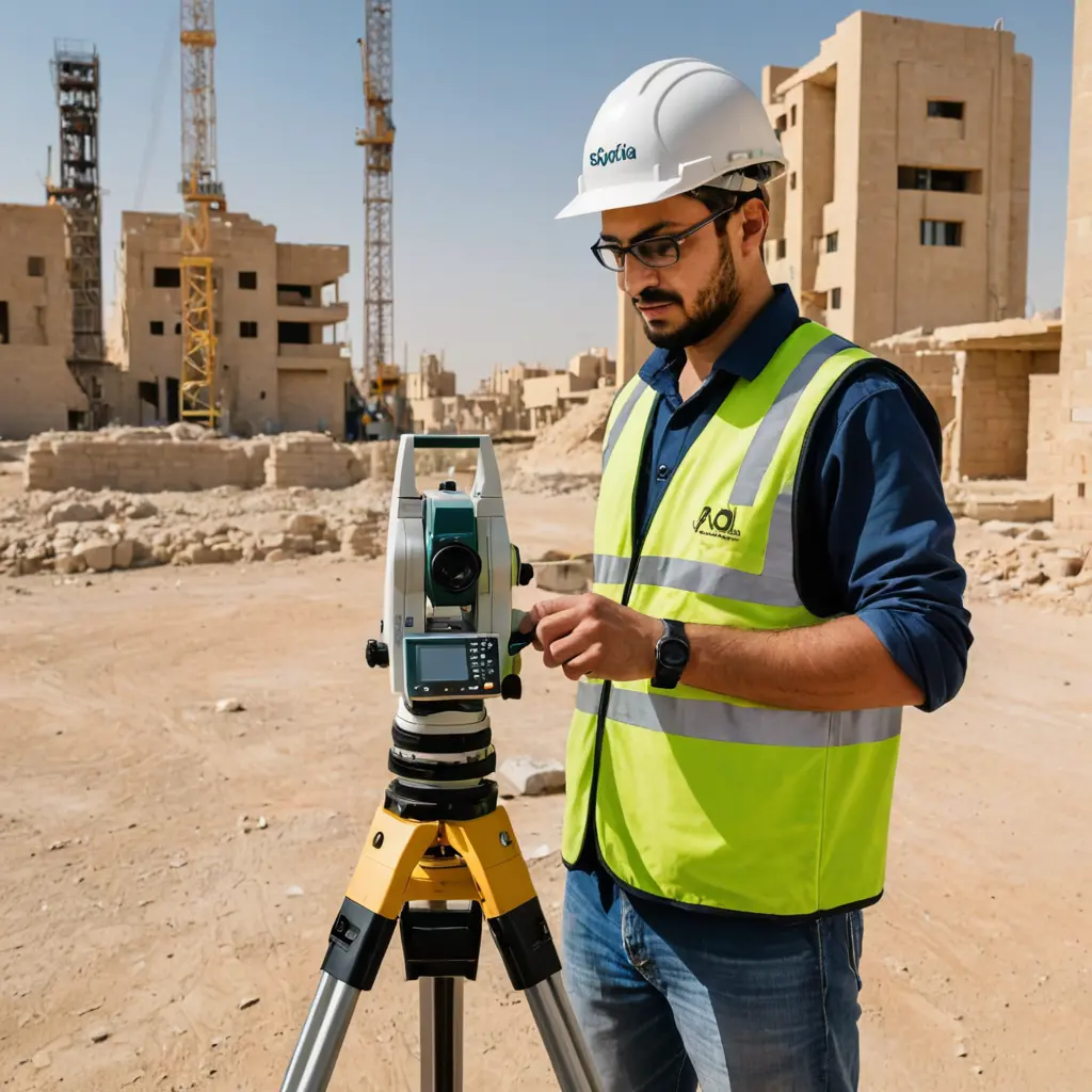 مهندس مساحة يعمل بمدينة الرياض يعمل على جهاز المحطة المتكاملة total station نوعية Sokkia ومكتوب على الشخص شعار الشركة كلمة Ofuq Al Arabia وتكون باللغة الانجليزبة