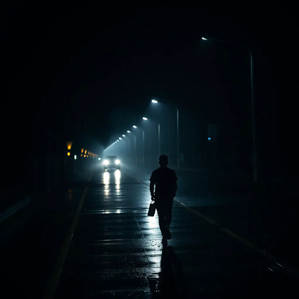 شخص يمشي في الليل والسماء تمطر والضوء خفيف