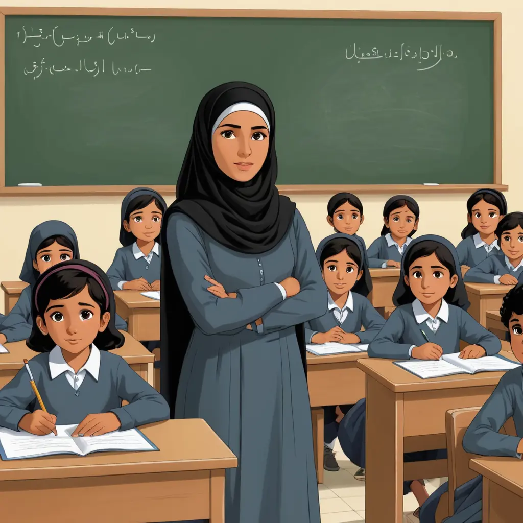 صورة كرتونية لمعلمة يمنية محجبة عند السبورة أمام طالباتها البنات و البنين في المرحلة الابتدائية في الصف الرابع والطالبات غير محجبات يرتدي ملابس المدرسة يستمعون إليها بتركيز