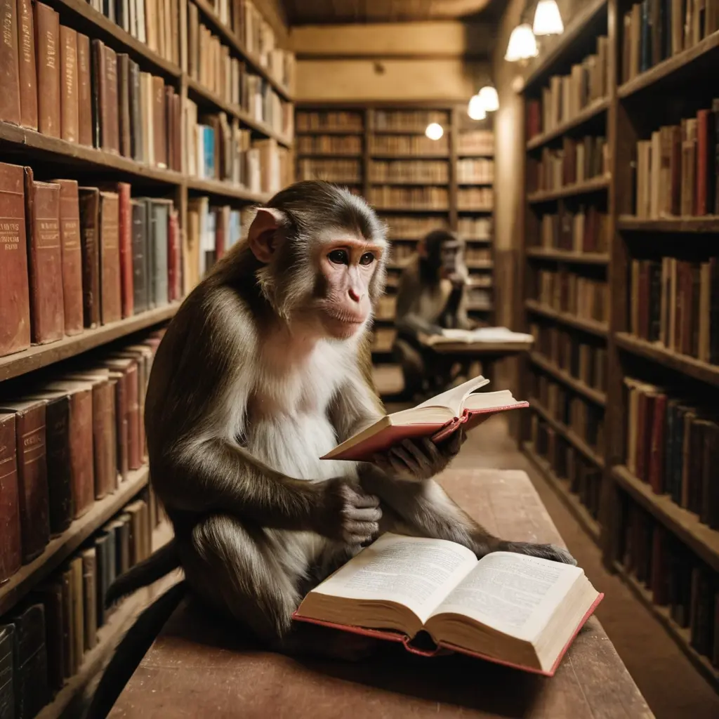 قرد يقرأ كتابا في مكتبة ضيقة