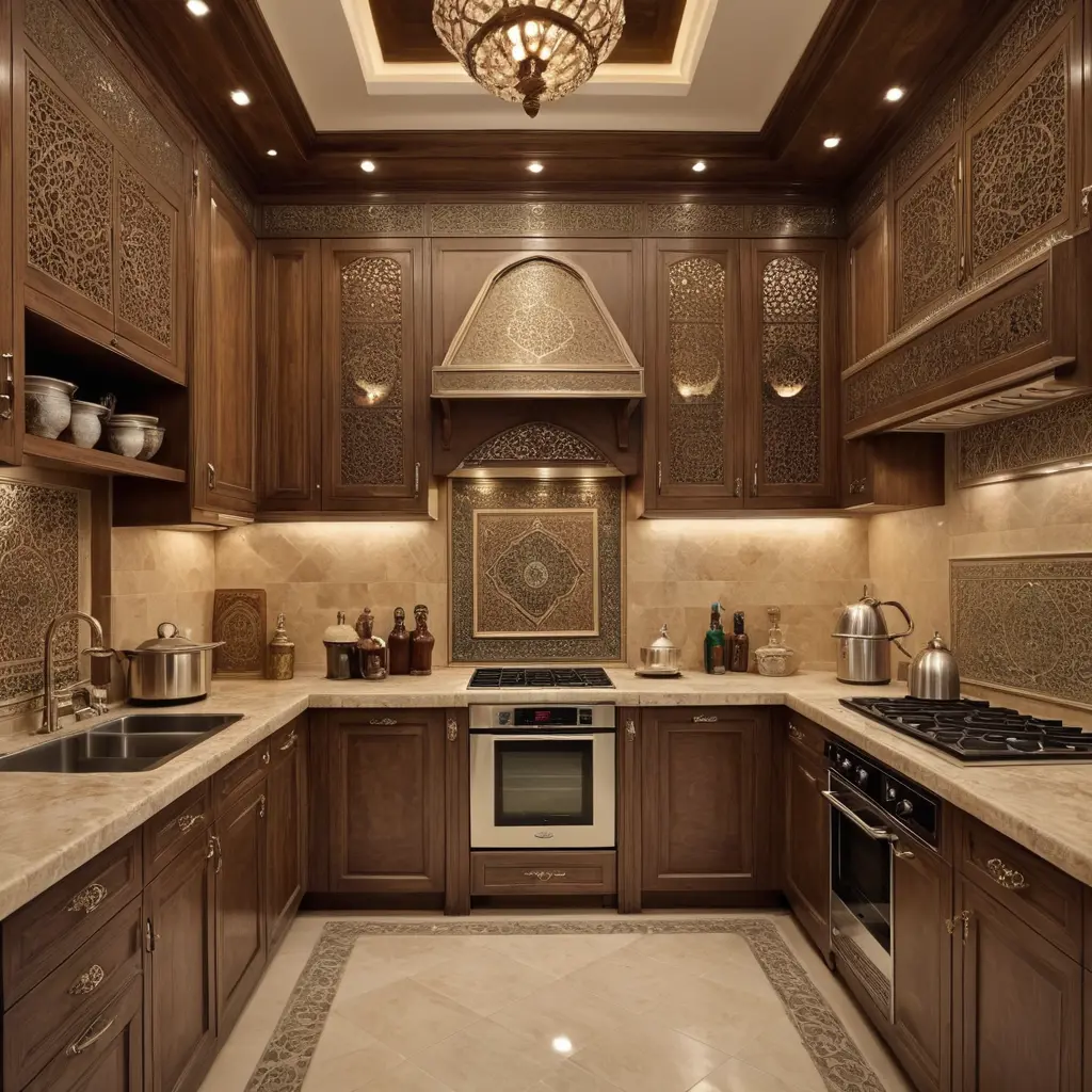 مطبخ عربي متطور بالوان عربية جميل ومنظم وفيه الثلاجة والفرن وغيرها
