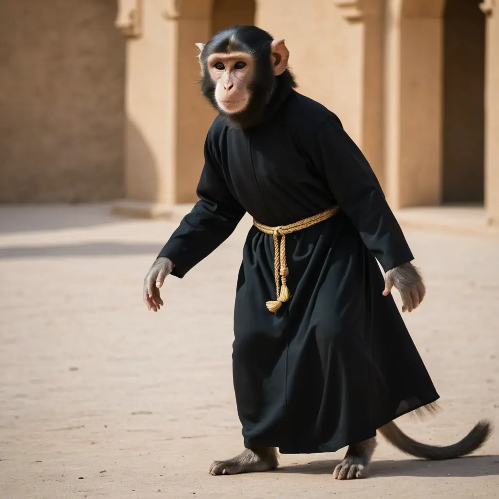 قرد يرتدي عباية سوداء