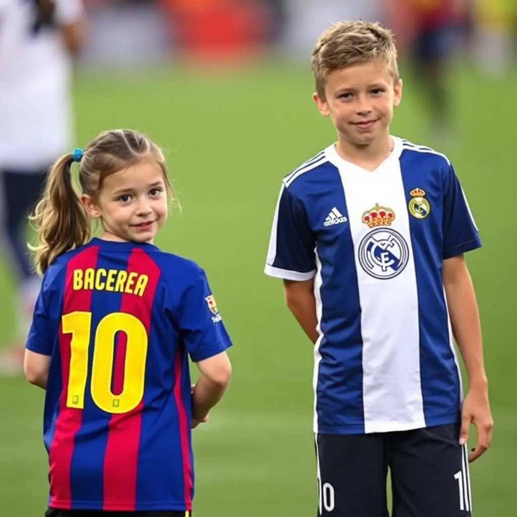 بنت ترتدي قميص نادي برشلونة الإسباني تقف بجانب شاب يرتدي قميص نادي ريال مدريد الاسباني