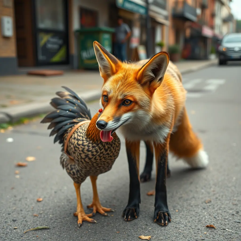 ثعلب مع دجاجه في الشارع
