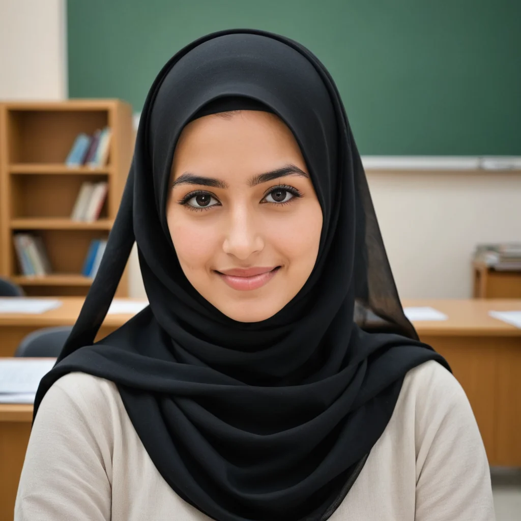 صورة لطالبة جامعية عربية محجبة كأنها كويتية صورتها بحجاب كويتي اسود فقدط بدون اي شيء فوق الحجاب تحب الدراسة والتدريس وفي نفس الصورة في دارئرة فوق رأسها صورتها تصبح مدرسة الان هل ممكن ان تضع خلفها صورة لها تدرس وهي سعيدة بتحقق حلمها