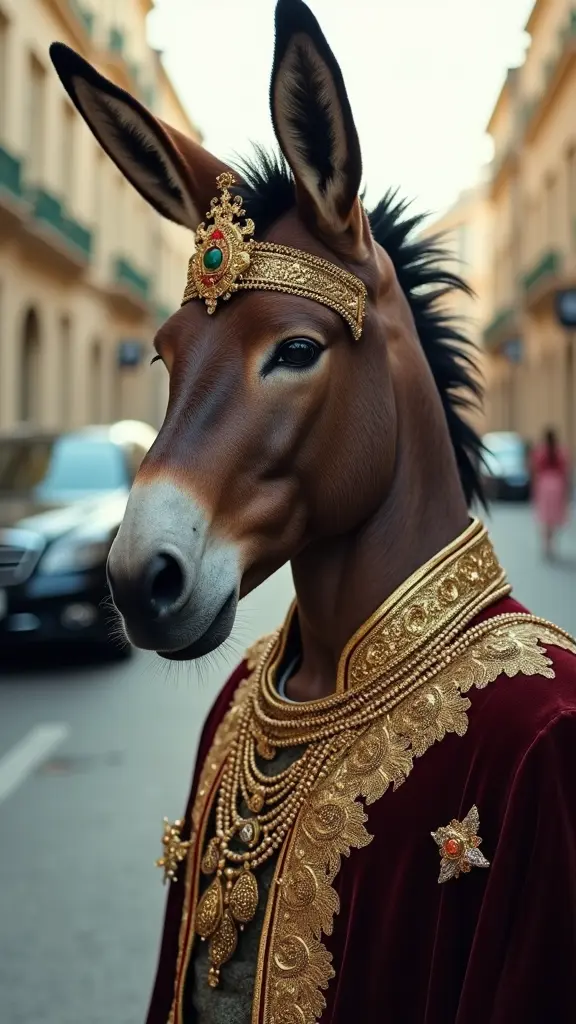 مشاريب راس حمار يرتدي الزي الانيق مال الاثرياء ويكون يرتدي على راسه تاج من الالوان من الذهب ويكون معهم الفتيات الكبيرات الجميلات ويكون معه خلفه سياره سوداء اخر موديل