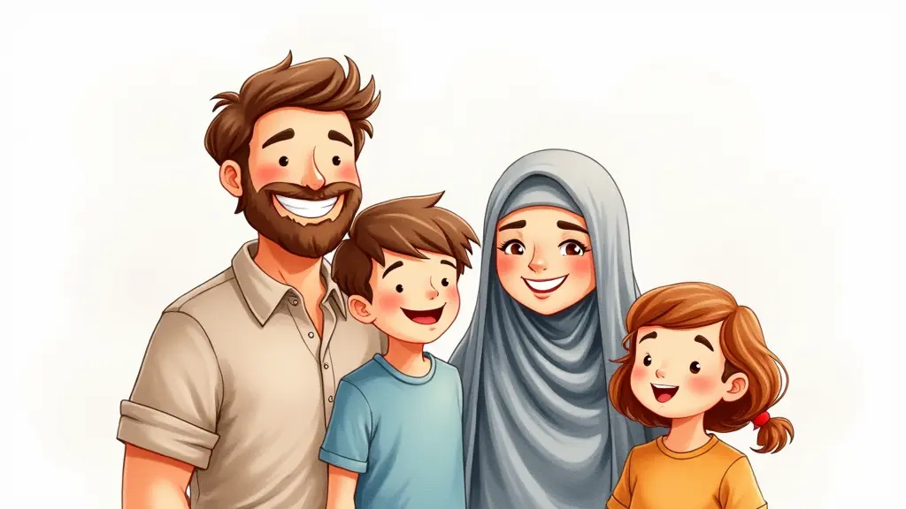 رسم كرتون ألوان مائية عائلة سعيدة متكونة من أب و أم محجبة و ابن و ابنة