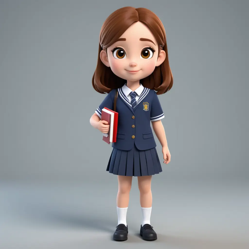 بنت شخصية كرتونية ثري دي ، يرتدي زى مدرسة ، تشتري كتاب مدرسة