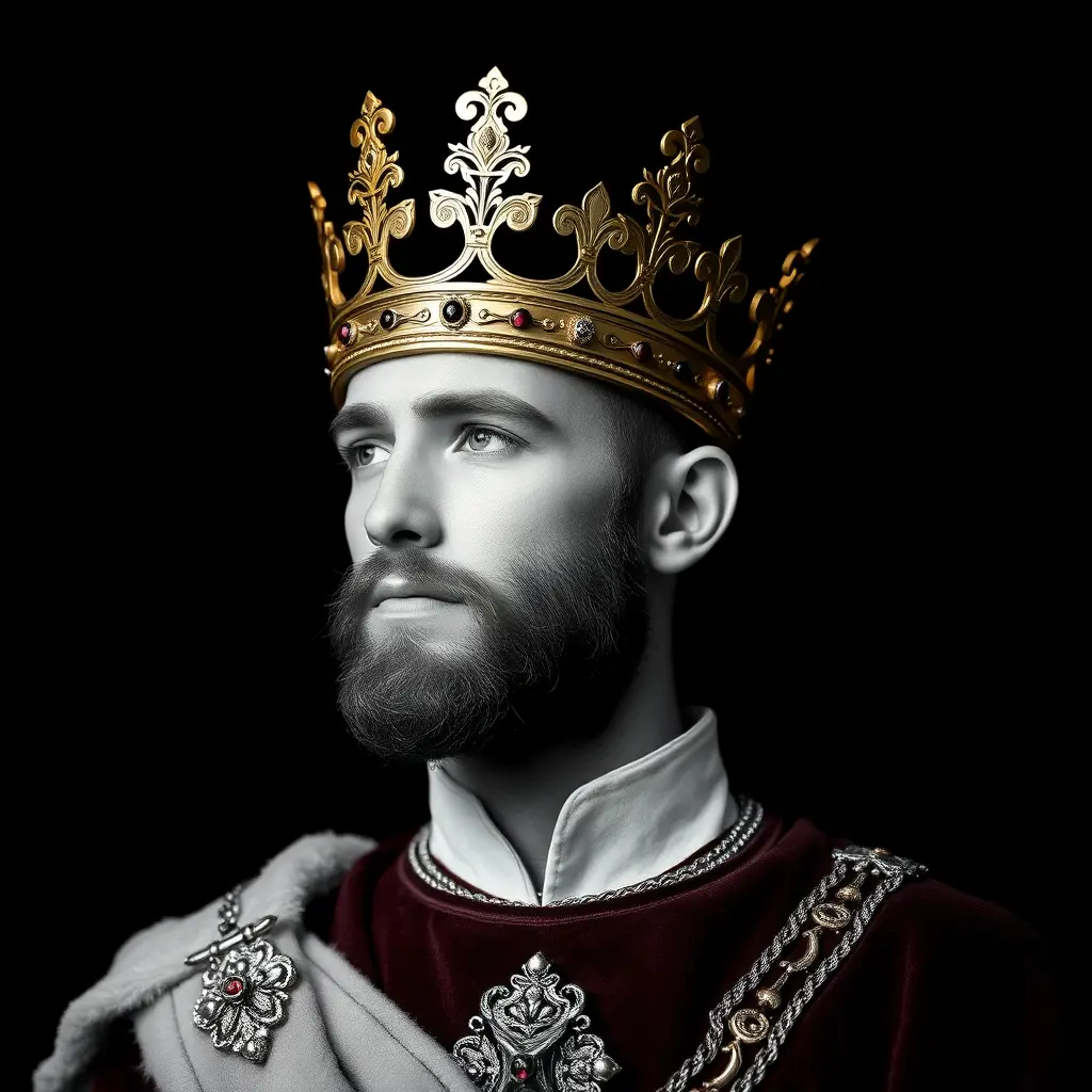 صورة آمير يلبس تاج باللون الذهبي والخلفية اسود وابيض