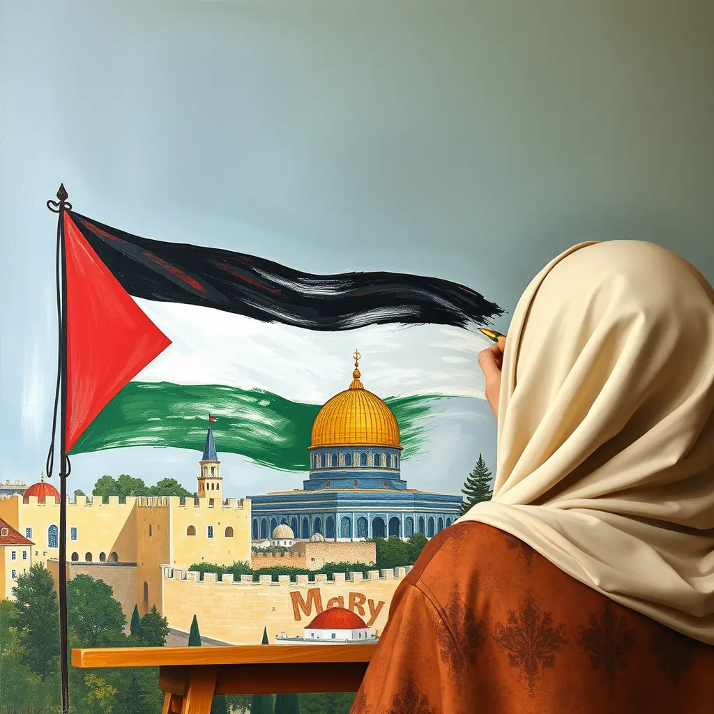 امراة محجبة ترسم لوحة القدس و علم فلسطين وتكتب اسم مريم